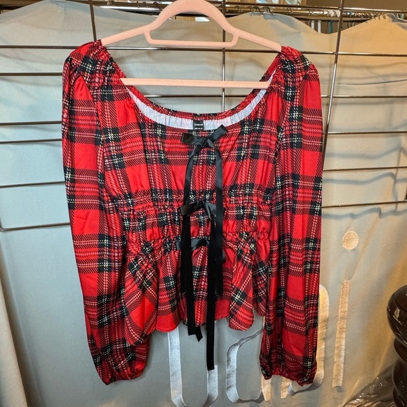 NWOT Red Plaid Blouse with Black Bow Accents - Picture 2 of 4